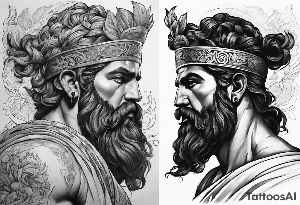 greek god, powerful, meaningful, inspirtational, full body, lighting, presence tattoo idea