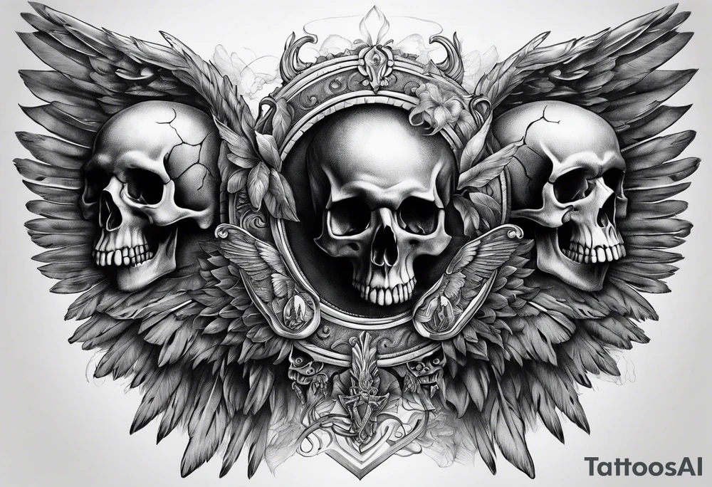 See no evil hear no evil speak no evil skulls go down the back with angel wings wrapped around the skulls tattoo idea