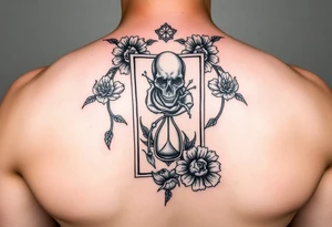 Death tarot card surrounded by a flower and hour glass tattoo idea