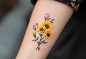 small yellow sunflowers and sunflower buds with   a small stargazer Lilly in pale pink and pale purple tulip buds  in a dainty wildflower bouquet with light green stems. Low detail. tattoo idea