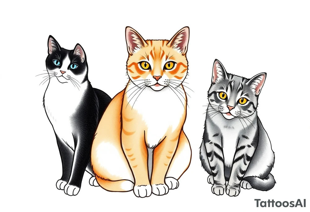 three cats, one black and white cat, one orange and white cat and one grey tabby cat tattoo idea