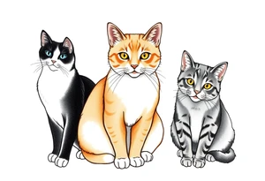 three cats, one black and white cat, one orange and white cat and one grey tabby cat tattoo idea