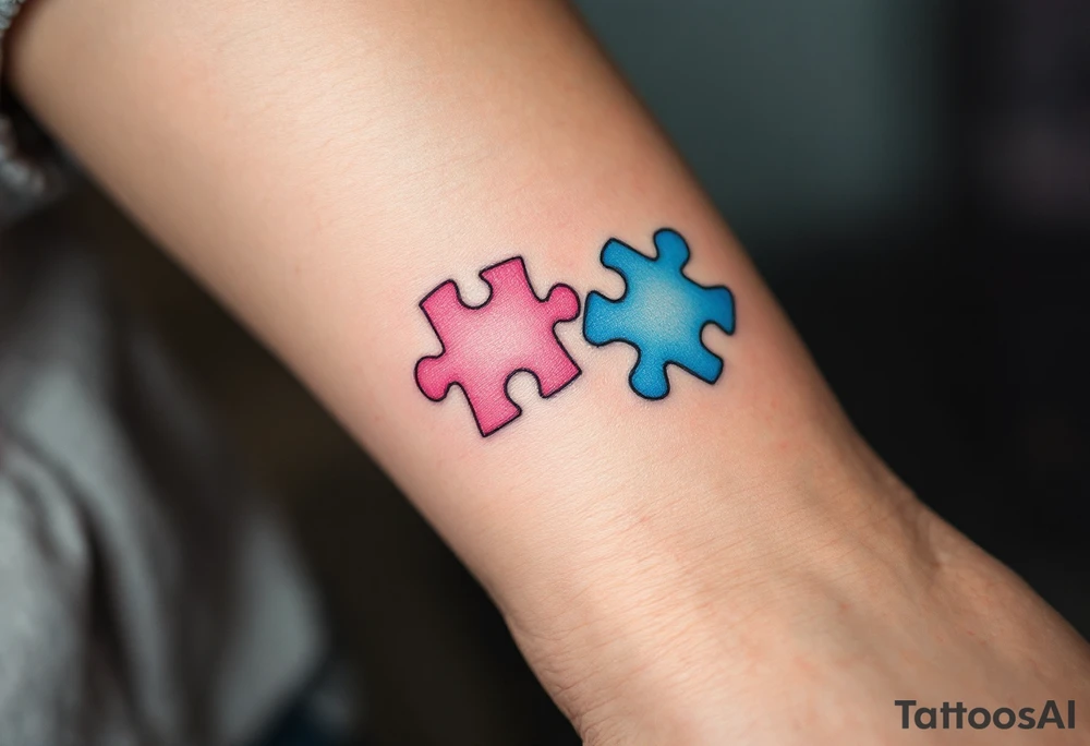 Interlocking puzzle pieces in soft pink and muted blue on the inner wrists symbolize how perfectly you fit together. tattoo idea