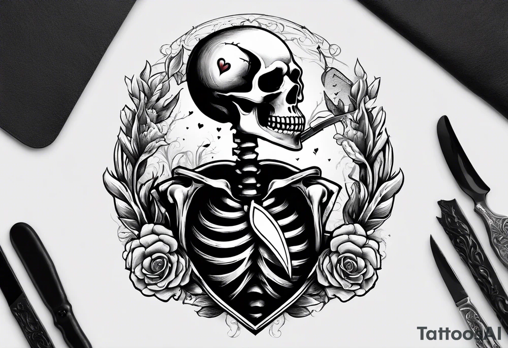 depressed skeleton holding his heart in his hand with a knife through the heart tattoo idea