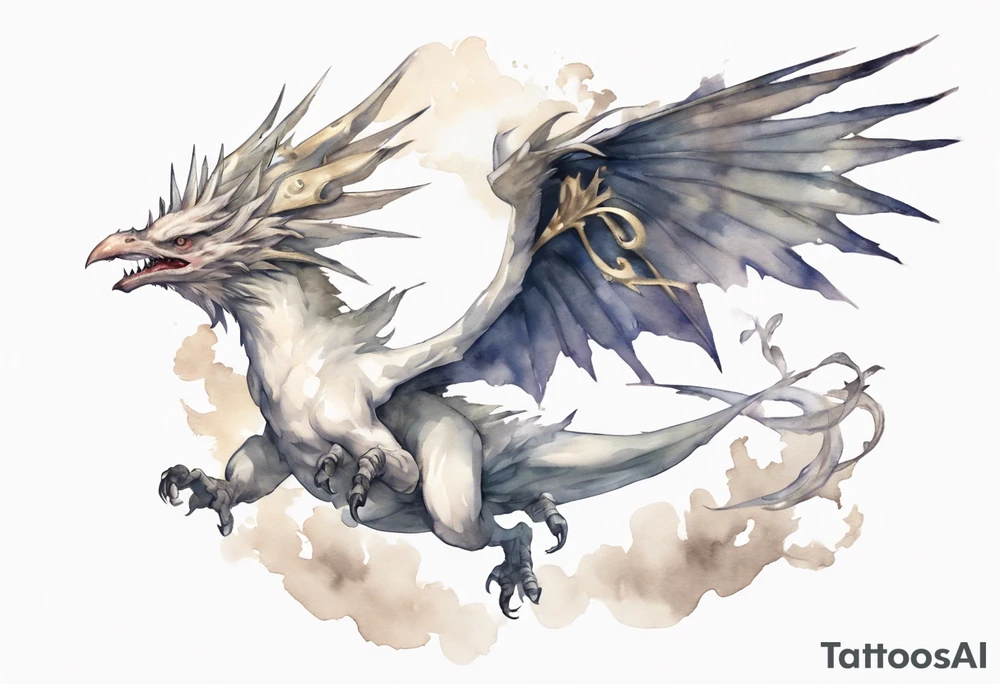 a white bird-wyvern hybrid, wearing a pewter crown on its head, flying in the air tattoo idea