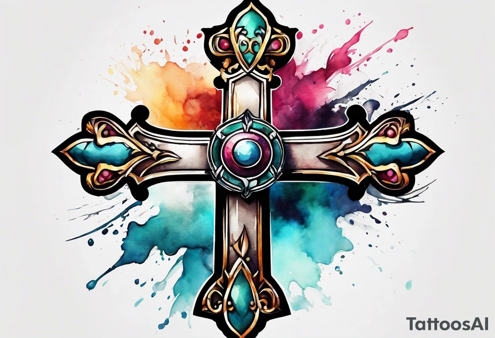 hook cross with watercolor background tattoo idea