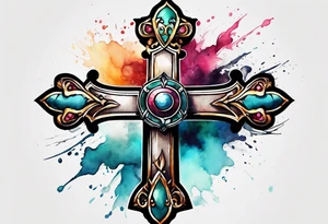 hook cross with watercolor background tattoo idea