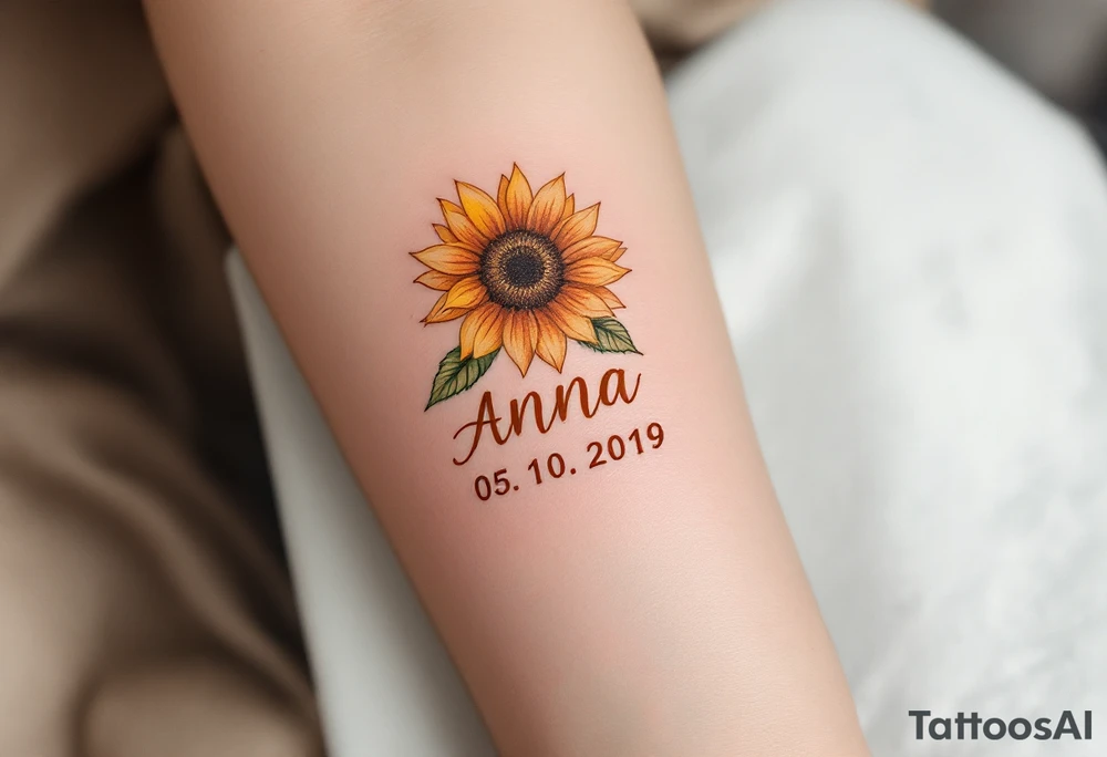 Anna 05. 10. 2019 – A warm orange sunflower design, with Anna's birthdate in bold rust-colored script, complemented by green leafy details. tattoo idea