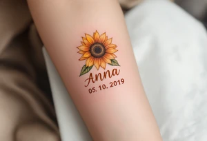 Anna 05. 10. 2019 – A warm orange sunflower design, with Anna's birthdate in bold rust-colored script, complemented by green leafy details. tattoo idea