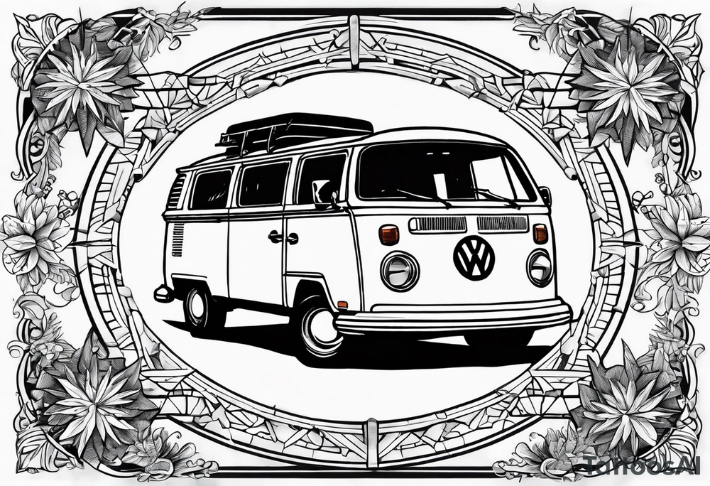 directional Compass rose, mountains and VW Komi campervan tattoo idea