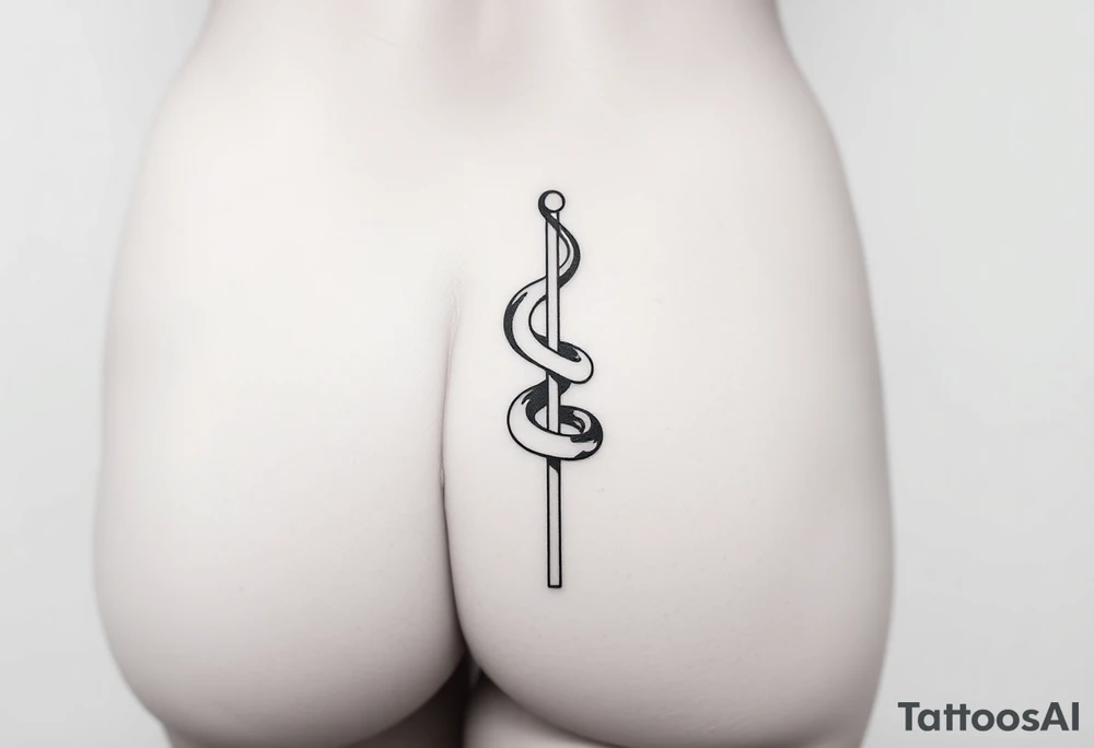 Snake tatto graphic on the hip. Positioned on the hip bone and lower closer to lady parts and leg. Snake symbolically wrapped over the pole (pole dance one). Minimalistic graphic style. Only snake and pole. Positioned horizontally, Pole vertically (not just Pole but a special pole for pole dance, but not to much details). Front view, hip bone is left and lower than belly, only front view. Pole is symbolically outline only like vertical simplified pole without details without beginning and end. Snake is placed diagonally according to the pole, partially wrapped around it and partially positioned on the hip bone from hip bone closer to vagina tattoo idea