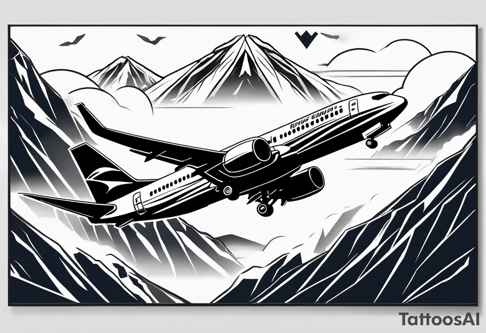 boeing 737 silhouette viewed from infront of the plane, and the silhouette is filled in with mountain scenery, and has a thin black lined border in an oblong diamond shape tattoo idea