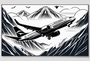 boeing 737 silhouette viewed from infront of the plane, and the silhouette is filled in with mountain scenery, and has a thin black lined border in an oblong diamond shape tattoo idea