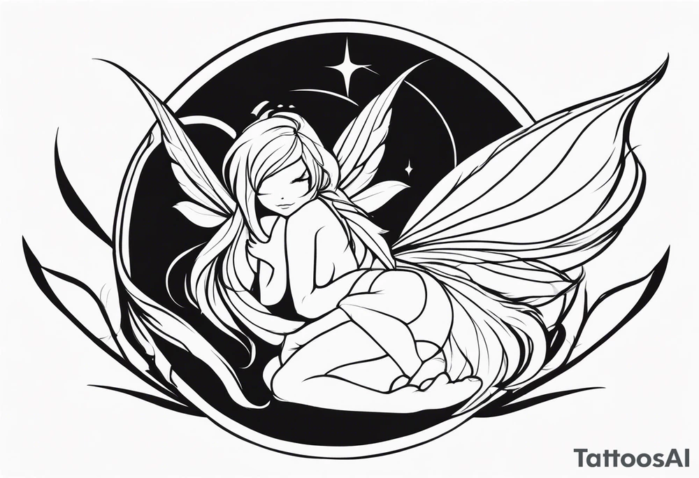 No color sketch of a fairy with a tail inspired by the guild symbol in the anime show called Fairy Tail in a fetal position leaning in and forward while crawled in hugging herself floating with hands a bit forward tattoo idea