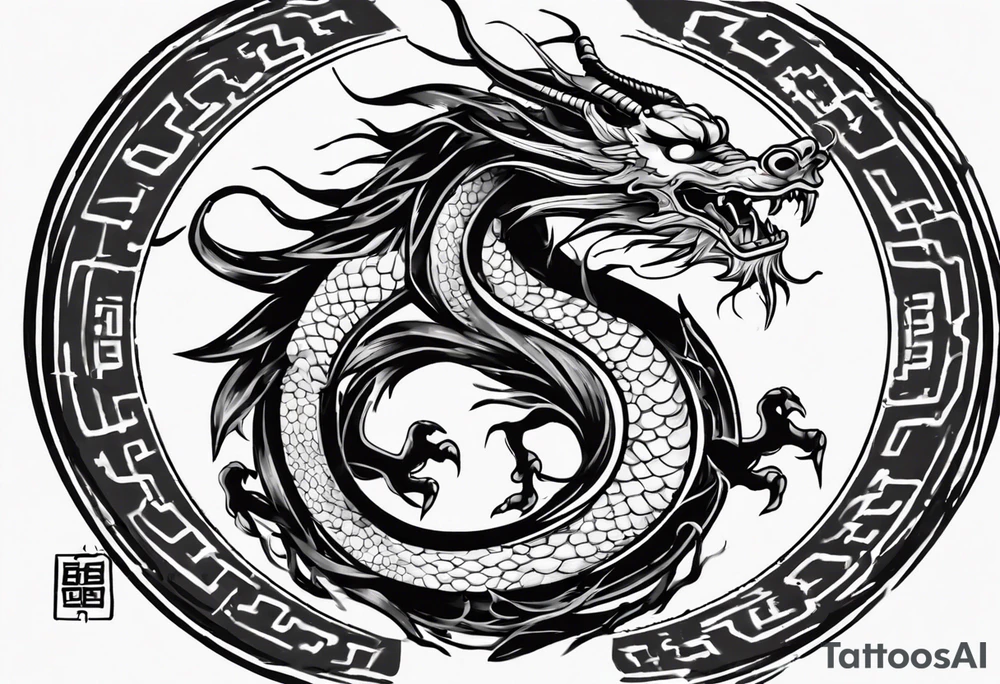 Chinese dragon in a circular shape with "02.03" written on its skin tattoo idea