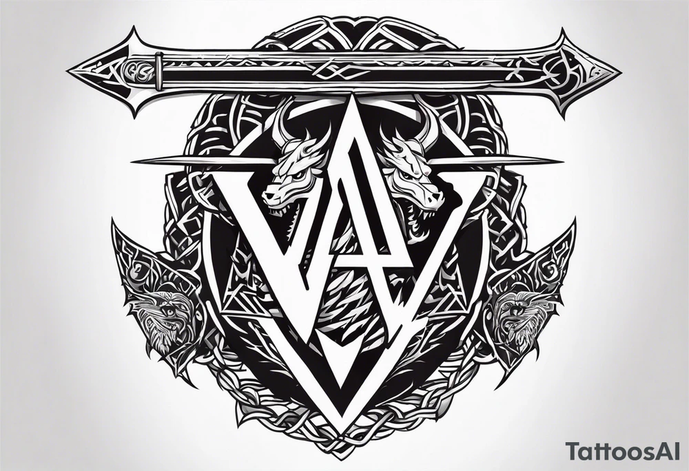 Valhalla sword shield dragon axe Valknut barbed wire chains tribal tattoo idea Valhalla sword shield dragon axe Valknut barbed wire chains tribal tattoo idea