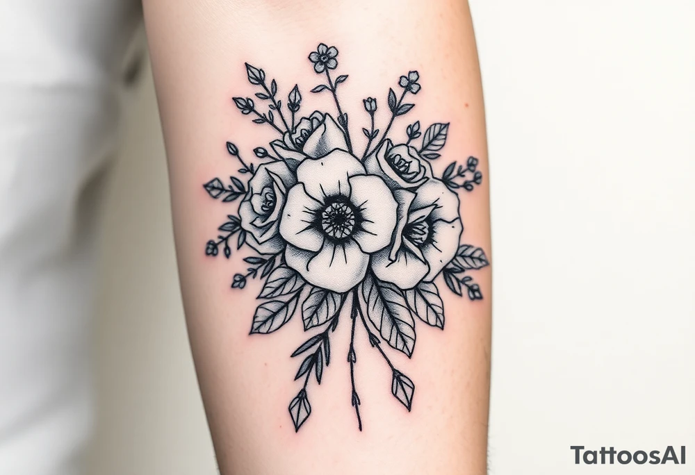 vintage bouquet of wild roses and meadow flowers with morning dew tattoo idea