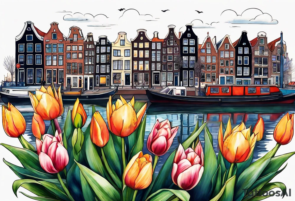 Pineapples and tulips under canal in Amsterdam with Amsterdam houses filled with animals and wildlife in space featuring galaxy colours tattoo idea