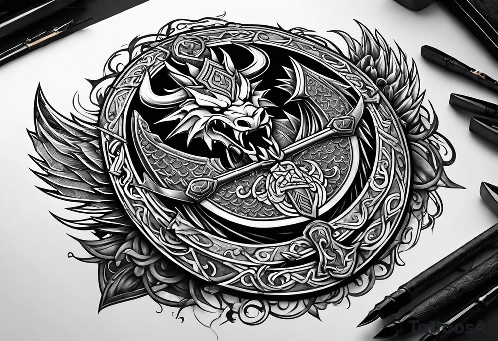 Valhalla sword shield dragon axe viking 
ship tattoo idea