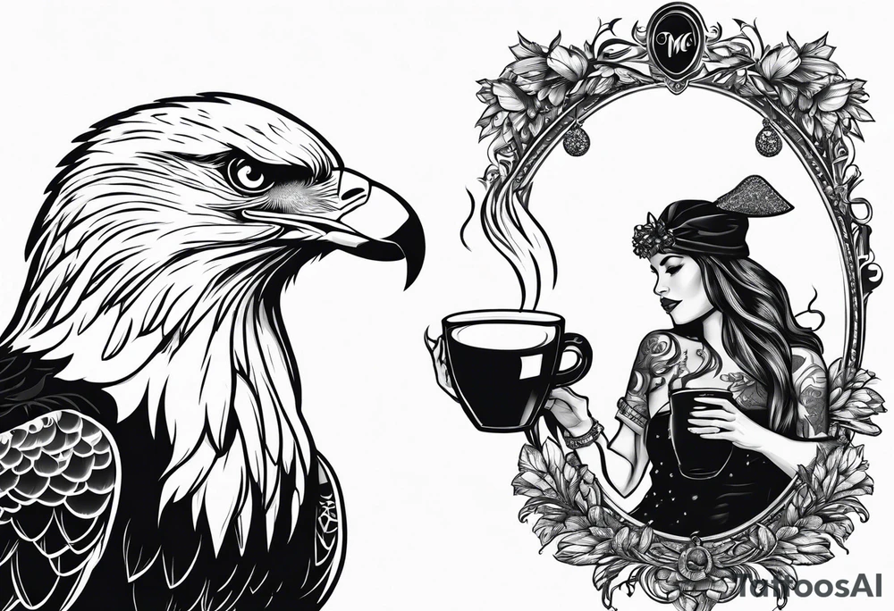 eagle drinking coffee with a lady cardinal tattoo idea