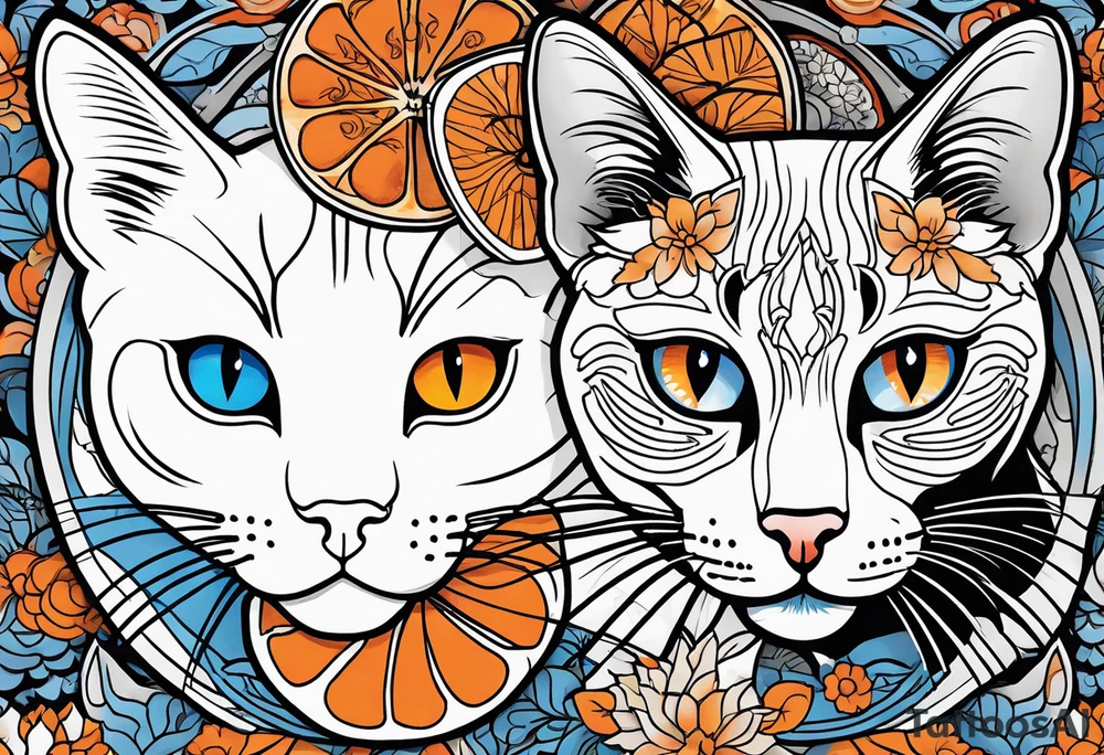 A white cat with blue eyes and black cat with brown eyes and an orange and white cat with browneyes tattoo idea