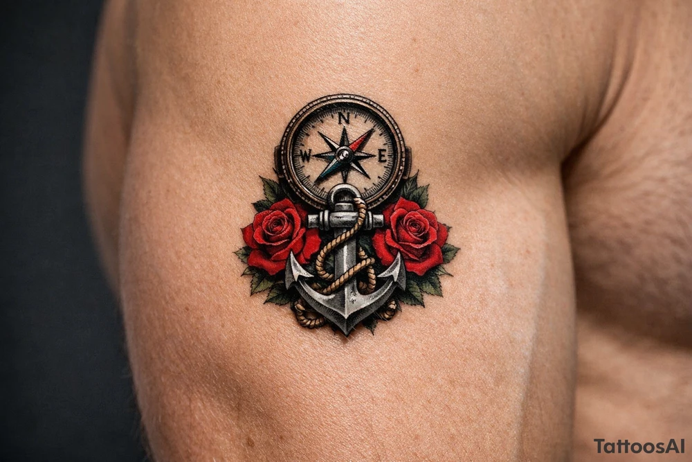 a compass under it an anchor and roses. tattoo idea
