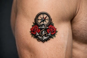 a compass under it an anchor and roses. tattoo idea