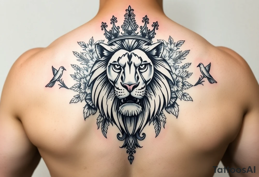 powerful majestic lion with a crown, surrounded by floral ornaments and birds tattoo idea