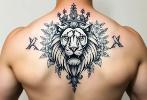 powerful majestic lion with a crown, surrounded by floral ornaments and birds tattoo idea
