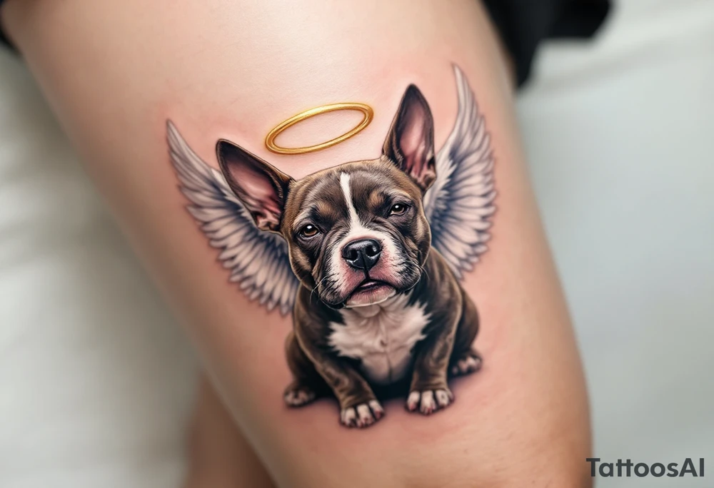 Angel Stafford Tribute – A Staffordshire Bull Terrier with soft white wings and a golden halo, sitting peacefully, ideal as a memorial tattoo. tattoo idea