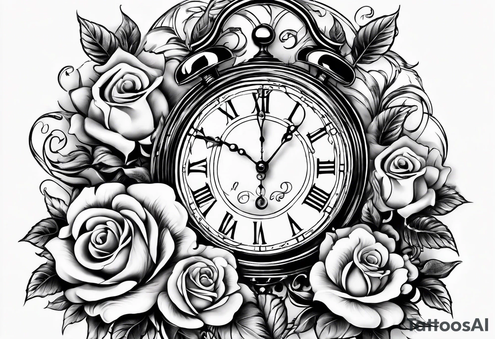 Half sleeve on arm of beautiful old fashion clock with roses, cherubs, angels, and the name chase Peter in a scroll tattoo idea