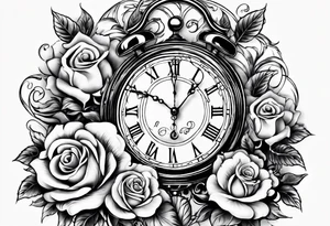 Half sleeve on arm of beautiful old fashion clock with roses, cherubs, angels, and the name chase Peter in a scroll tattoo idea