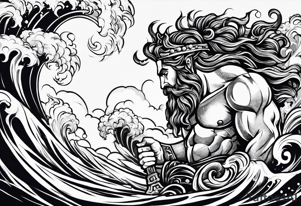 Elbow to wrist tattoo, with most of it being the god Poseidon. I want it to be very detailed. I would like it to flow from the tattoo above which has clouds as a background tattoo idea