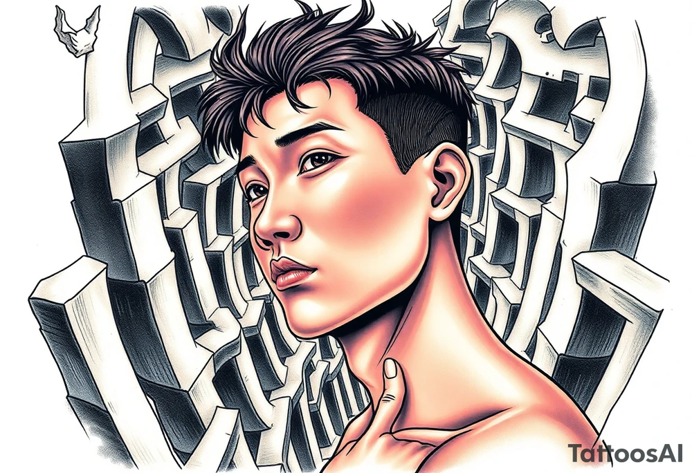 Handsome Asian young guy lost in a nightmarish labyrinth tattoo idea