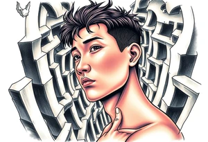 Handsome Asian young guy lost in a nightmarish labyrinth tattoo idea