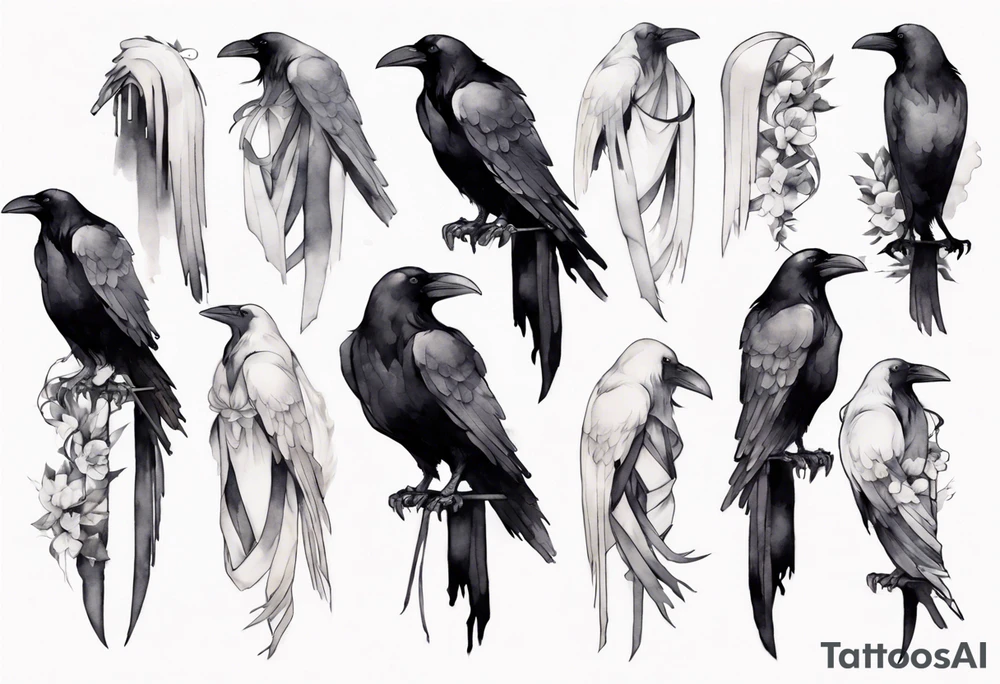 raven wearing a white ribbon tied around leg tattoo idea
