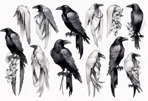 raven wearing a white ribbon tied around leg tattoo idea