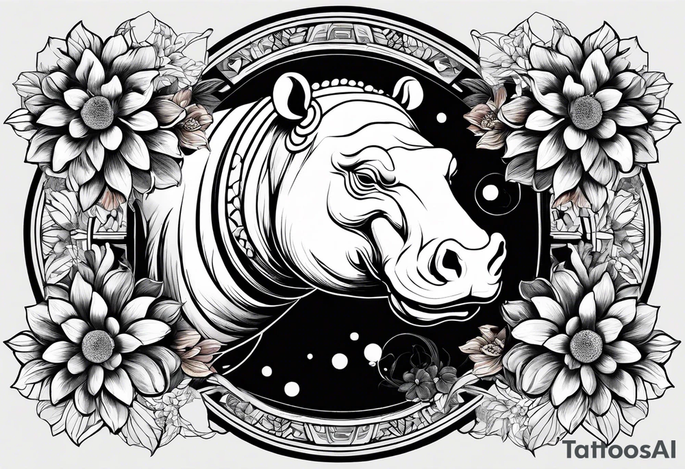 Very asymmetrical, +geometric pattern, with realistic full moon, with seeious looking hippo, +zen feel, + Buddhism touch,
with wintersweet flower bud, +portrait orientation, +inkart touch, tattoo idea