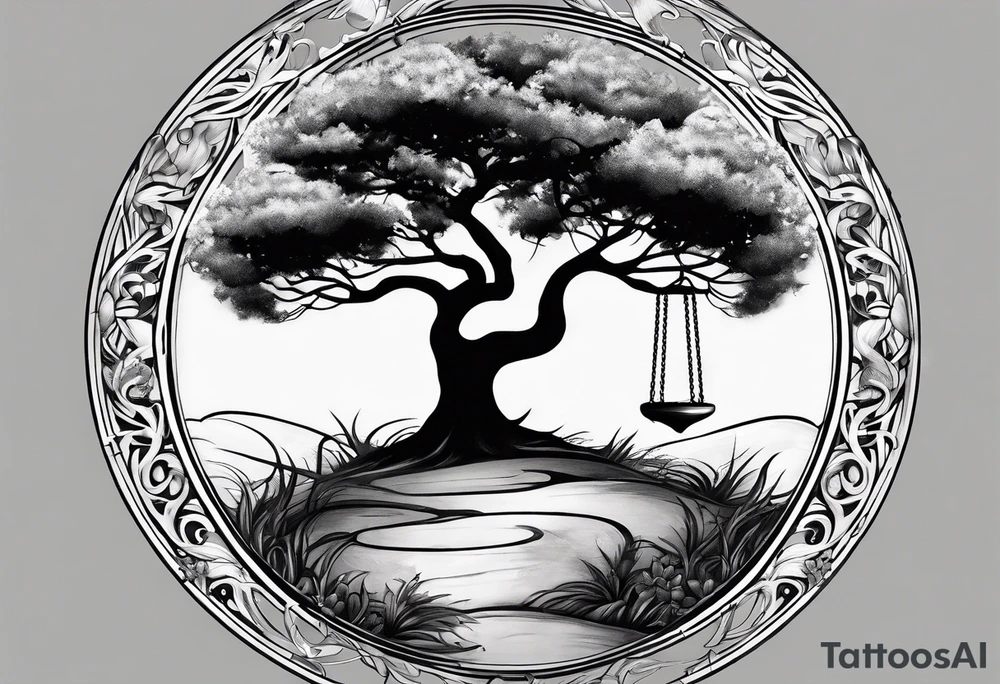 tattoo drawing of a circle of life tree coming out of an hour glass tattoo idea