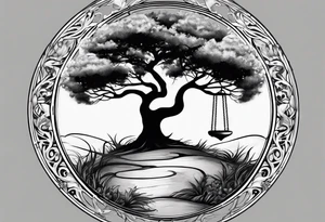 tattoo drawing of a circle of life tree coming out of an hour glass tattoo idea