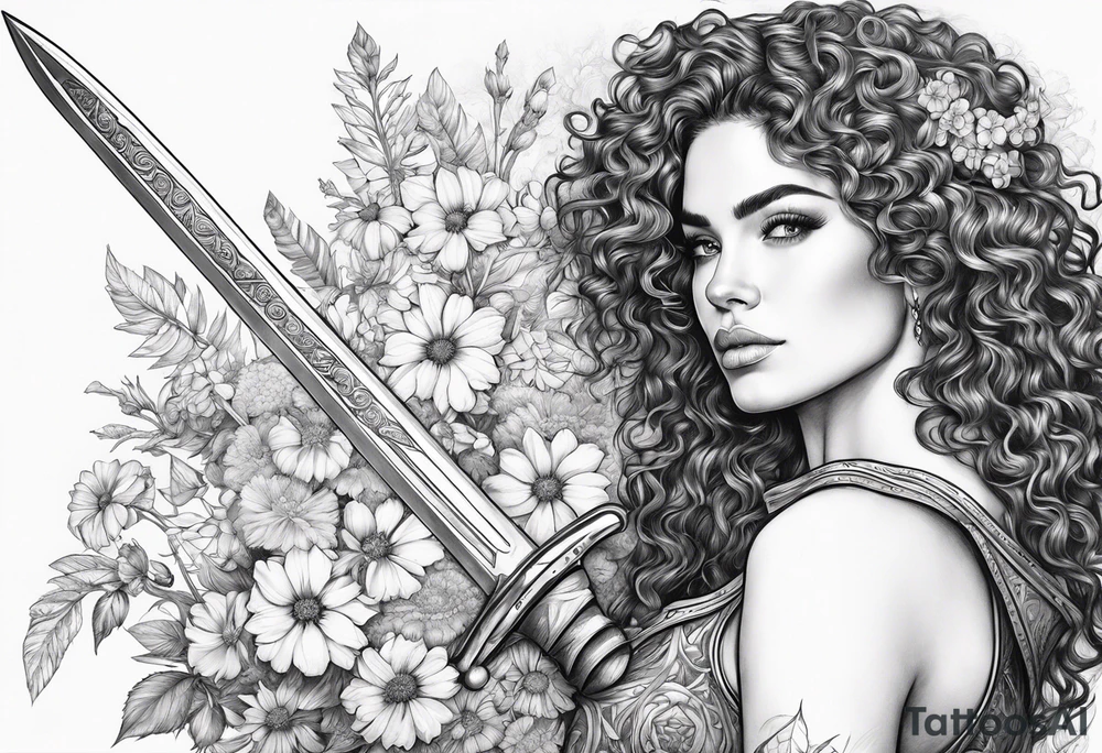 Spanish woman valkyrie curly hair half with sword sleeve arm wildflowers tattoo idea