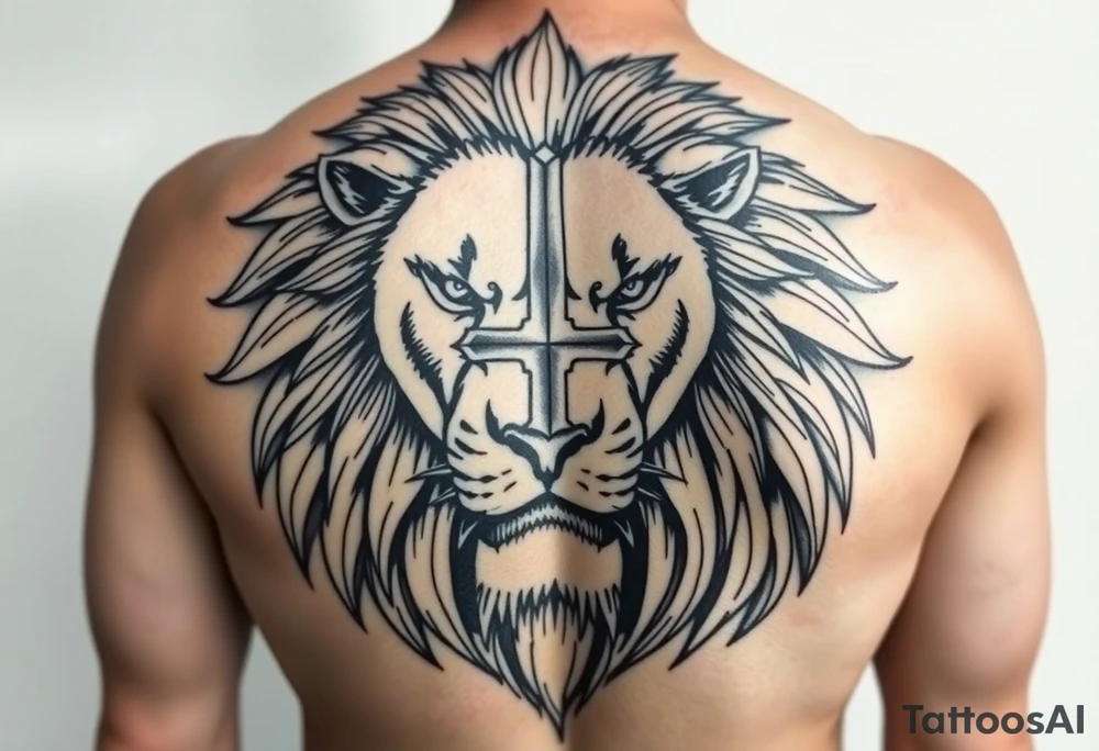 powerful majestic lion with a cross - biblically tattoo idea