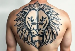 powerful majestic lion with a cross - biblically tattoo idea