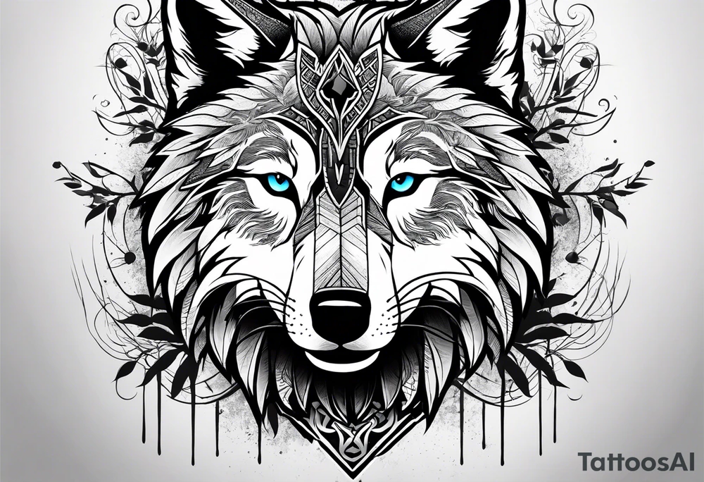 Halbes Gesicht eines Wolfes
Mit Keltischen Zeichen
Im Hintergrund Wald und Berge
Fenrir tattoo idea