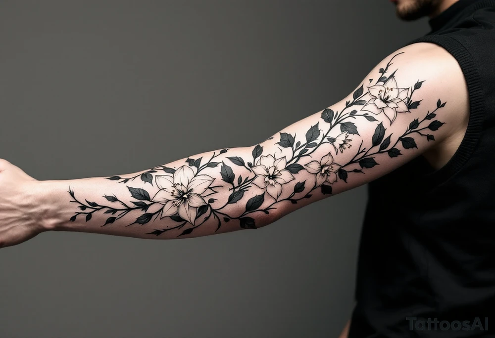 starting from a band mid-forearm, a sleeve of holly flowers and daffodils tattoo idea