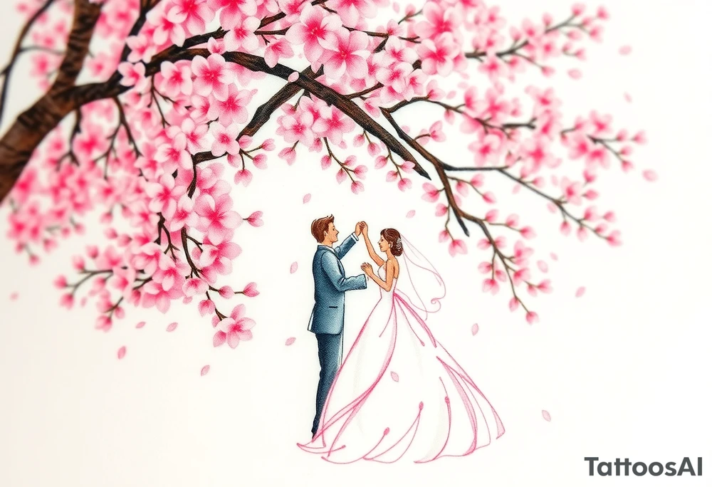 A watercolor-style bride and groom dancing under a soft pink cherry blossom tree, with delicate petals falling around them tattoo idea