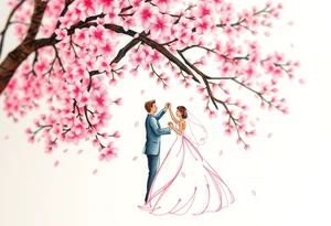 A watercolor-style bride and groom dancing under a soft pink cherry blossom tree, with delicate petals falling around them tattoo idea