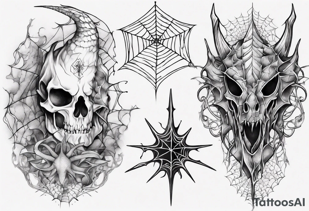 Dragon scales tangled spiderweb unicorn horn shattered chalices spider tattoo idea