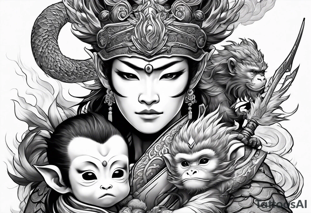 monkey king with weapon, japanese dragon, a shrouded mother holding a baby tattoo idea