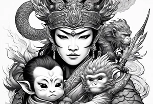 monkey king with weapon, japanese dragon, a shrouded mother holding a baby tattoo idea